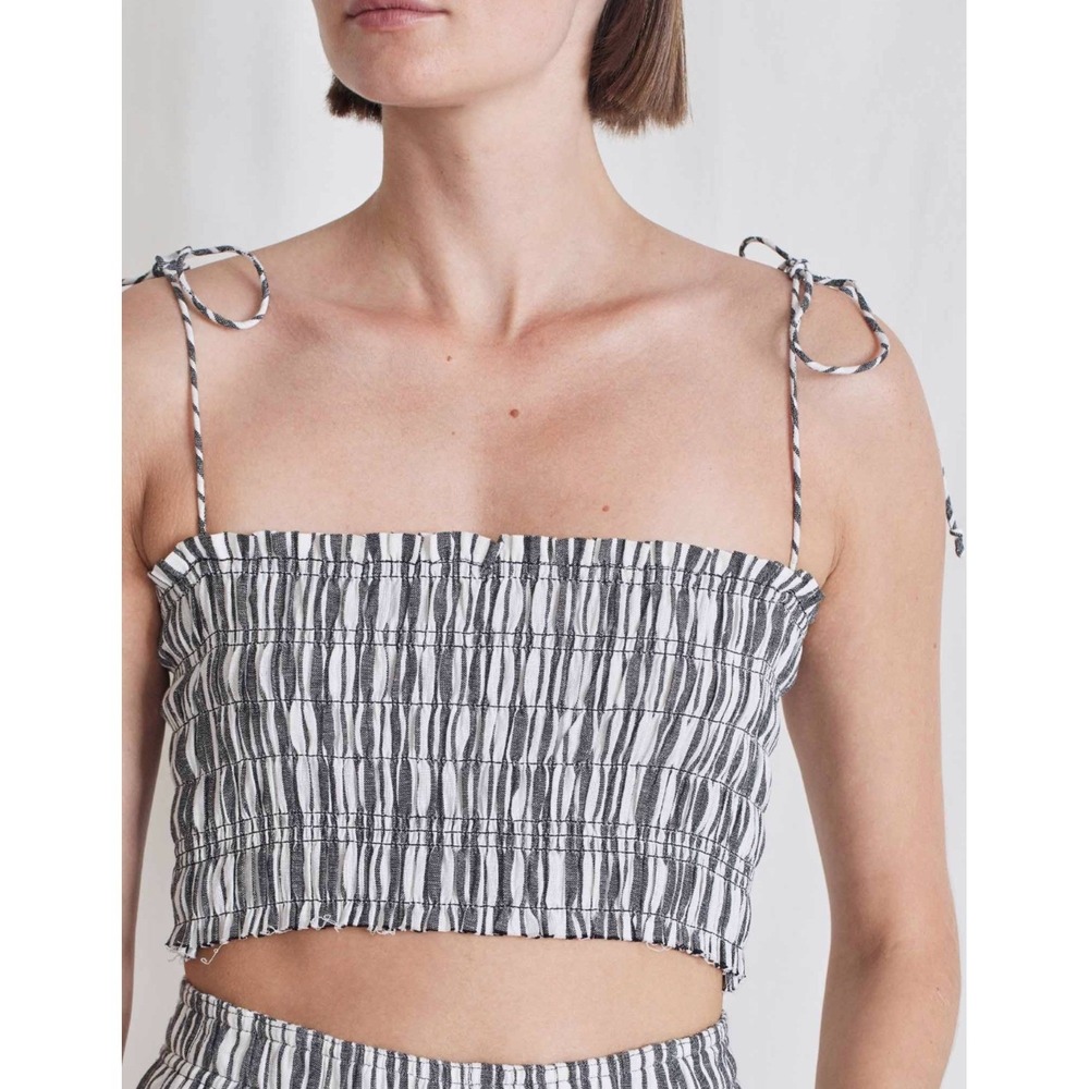 Apiece Apart XS Black White Stripe Smocked Tie Strap Crop Top Cotton Linen